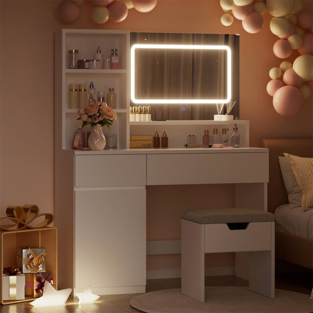Dressing Table With Light,Vanity Table With Adjustable Brightness Mirror,Makeup Desk With 2 Drawers And Open Shelves For Bedroom Living Room,Modern Wh