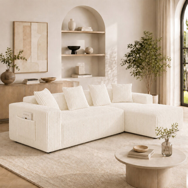 Modern Oversized 262cm Boneless Corner Sofa L-Shaped Corduroy Sofa With Storage Pockets