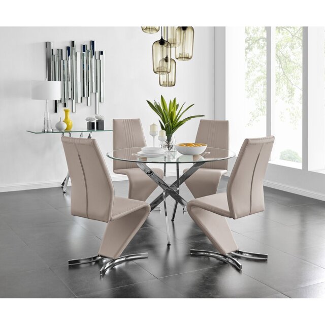 Tierra Modern Chrome Metal & Glass Round Dining Table Set with 4 Modern Design Faux Leather Chairs