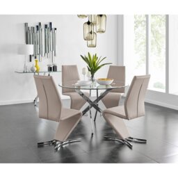 Tierra Modern Chrome Metal & Glass Round Dining Table Set with 4 Modern Design Faux Leather Chairs