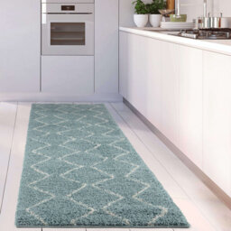 Moroccan Shaggy Collection Rugs Boho Design in Duck Egg Blue/Ivory