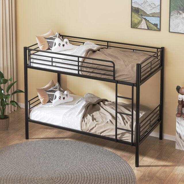 Single(3') Bunk Bed, Single Over Single Loft Bed Frame With Ladder And Safety Guardrail, Home Bedroom Dormitory Space-Saving Twin High Sleeper Beds