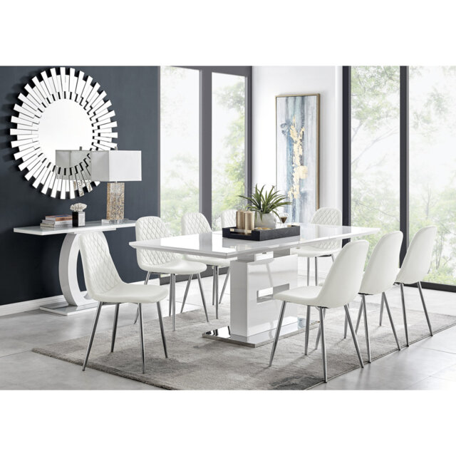 Alezzo Modern High Gloss Extendable Dining Table Set with 8 Luxury Faux Leather Dining Chairs
