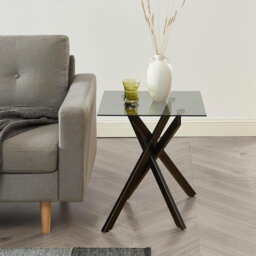 Modern Square Side Table - 20”Dx20”Wx22”H (Grey Tempered Glass Top & Black Metal Legs with Gold Rim)