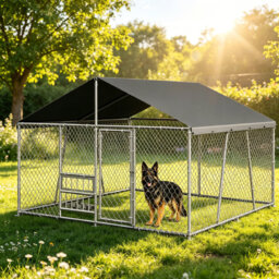 10x10 FT Large Dog Kennel, Outdoor Dog Kennel, Outside Dog Playpen with Metal Wire & Feeding Door, Dog Enclosure with Waterproof Roof & Lockable Door,