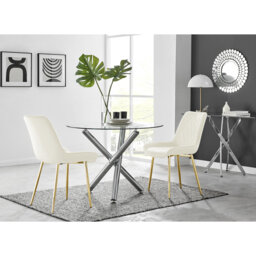 Seline Modern Round Dining Table Set in Glass and Chrome with 2 Luxury Velvet Leather Chairs