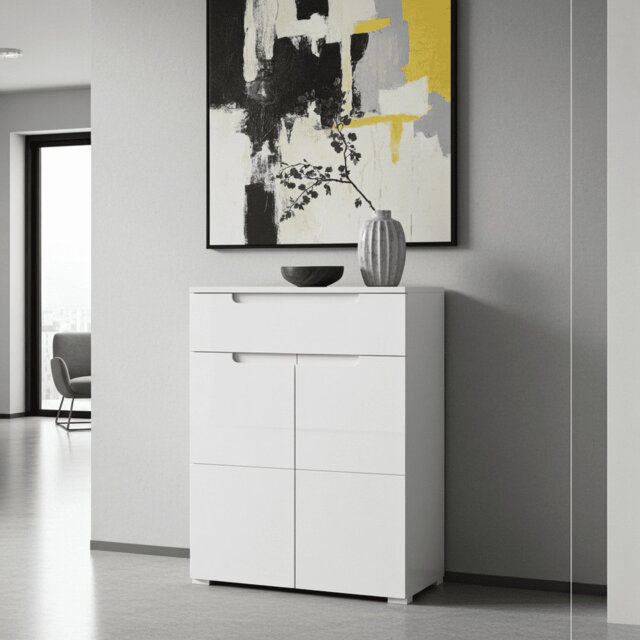 Arctic Elegance White High Gloss Tall Sideboard Cabinet Storage Unit With Solid Drawer And Doors For Living, Dining Room, Bedroom Furniture