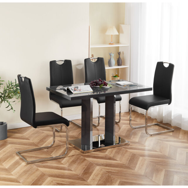 Grey Glass And Grey High Gloss Rectangle Dining Table Set 4 Faux Leather Chairs