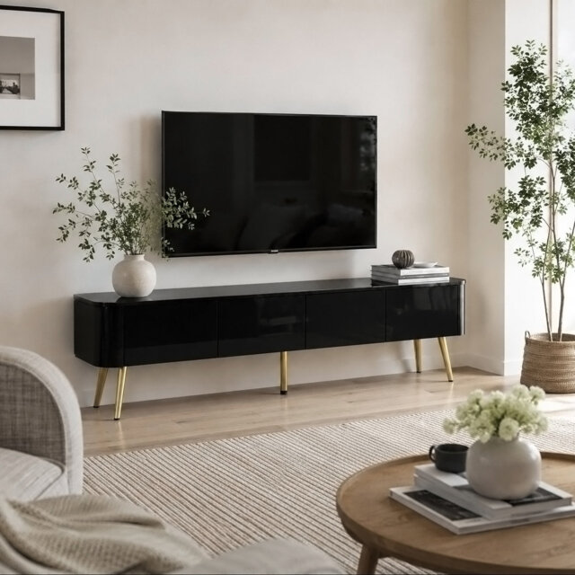 "140cm Black High Gloss Floating TV Unit, Gold Legs, 3-Colour LED, Wall or Floor, Fits 50"""
