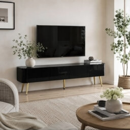 "140cm Black High Gloss Floating TV Unit, Gold Legs, 3-Colour LED, Wall or Floor, Fits 50"""
