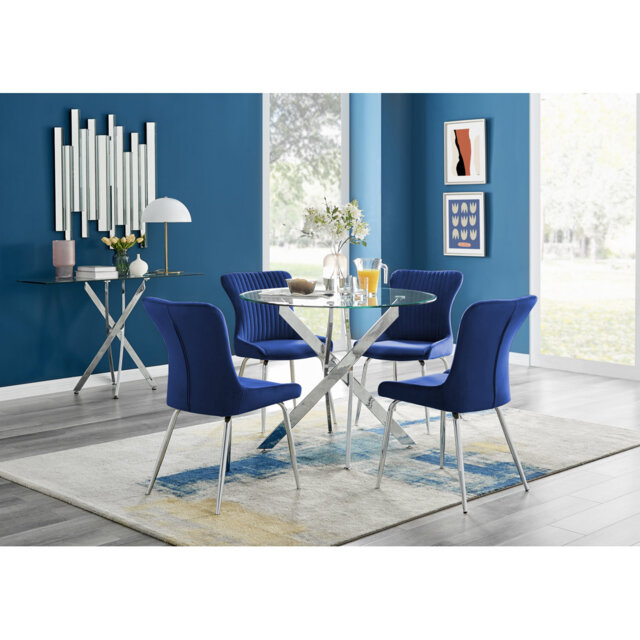 Tierra Modern Chrome Metal & Glass Round Dining Table Set with 4 Luxury Velvet Dining Chairs