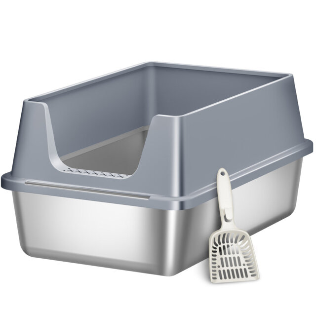 Stainless Steel Cat Litter Tray, 60.5 L x 40 W x 29 H cm, XXL Large Capacity Metal Cat Litter Tray, High Sided Covered Cats Litter Box with Scoop, Eas