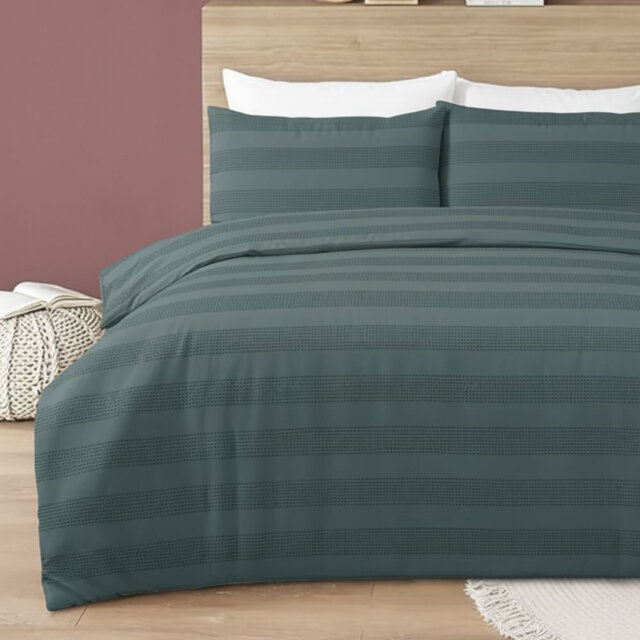 MHG Living Waffle Striped Duvet Cover Set Cotton-Rich Polycotton - Includes Matching Pillowcase - Single/Double/King/Super King