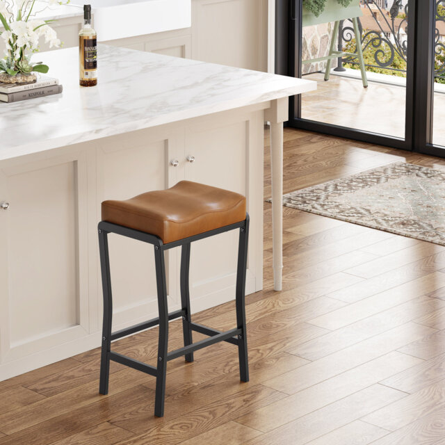 66cm Height Bar Stool with Footrests and PU Leather Saddle Seat, Set of 2