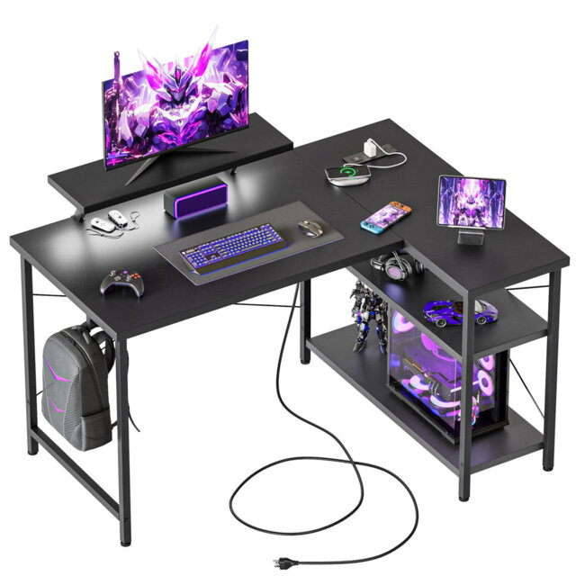 Small L-Shaped Desk with LED with Monitor Stand