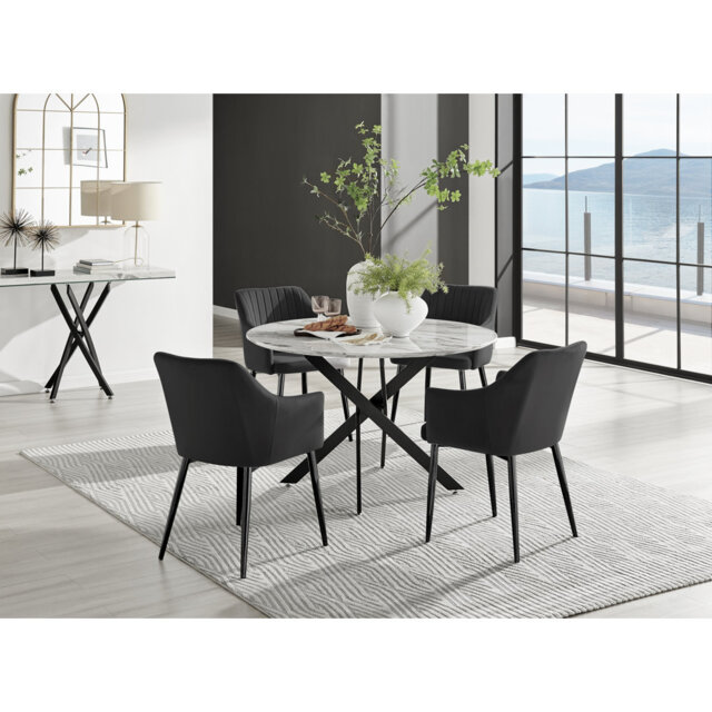Tierra Modern Chrome Metal & Glass Round Dining Table Set with 4 Luxury Button Velvet Chairs