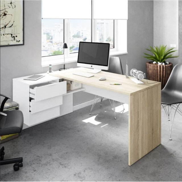 Menza White and Oak Large Corner Desk with Drawers