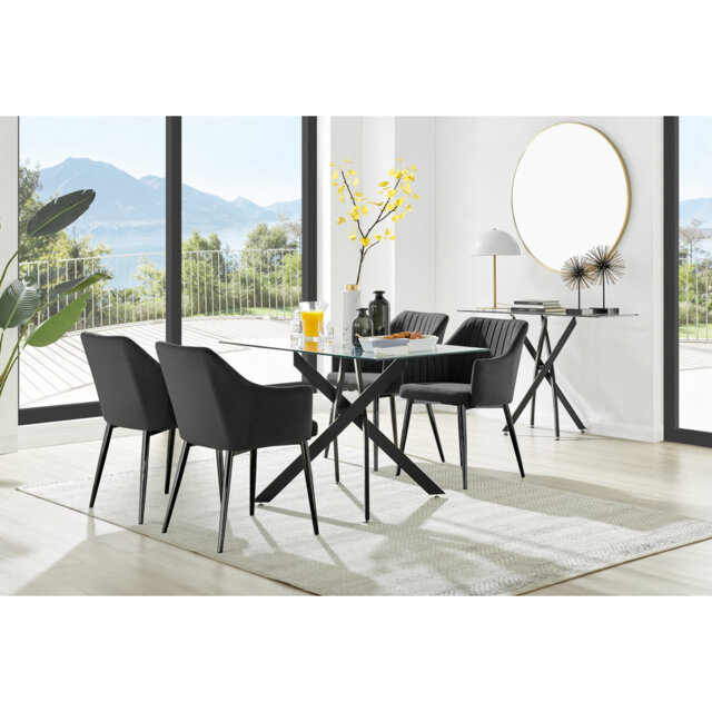 Lenworth Balck Metal and Glass Rectangular Dining Table Set with 4 Luxury Modern Velvet Chairs