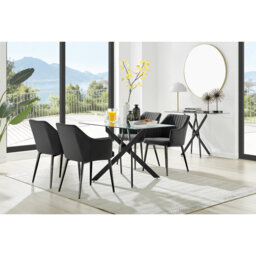 Lenworth Balck Metal and Glass Rectangular Dining Table Set with 4 Luxury Modern Velvet Chairs