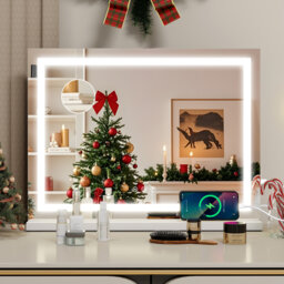 Makeup Mirror with 3 Color Lights, 58x46cm Large Lighted Vanity Mirror with Light Strip and Charging