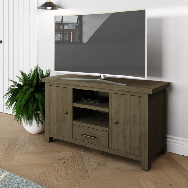 Almerton 2 Door 1 Drawer Large TV Cabinet Stand Unit – Solid Reclaimed Natural Pine. For Up To 50 Inch TVs. Fully Assembled.