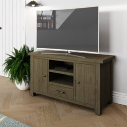 Almerton 2 Door 1 Drawer Large TV Cabinet Stand Unit – Solid Reclaimed Natural Pine. For Up To 50 Inch TVs. Fully Assembled.