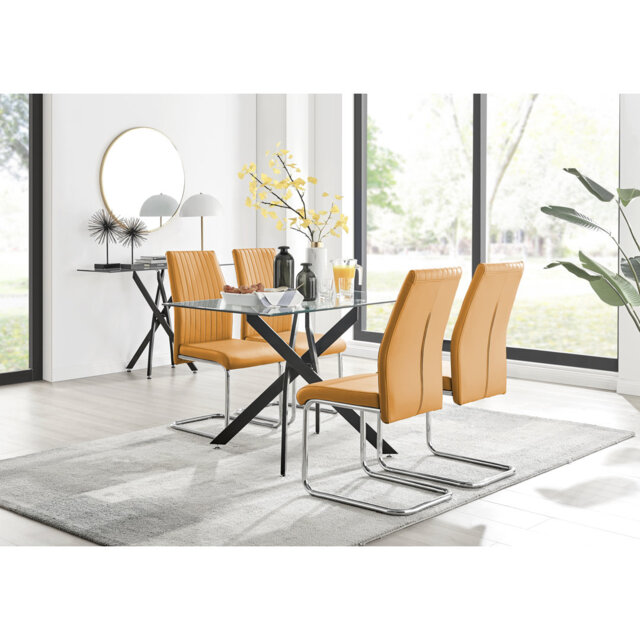 Lenworth Black Metal and Glass Rectangular Dining Table Set with 4 Upholstered Faux Leather Chairs