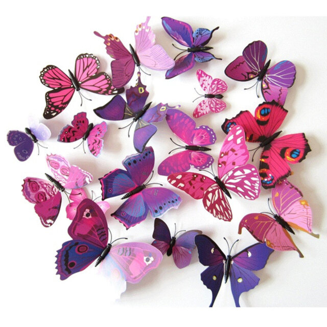 TRIXES 3D Butterfly Wall Decorations â 12 Pack - Purple/Pink - Magnetic & Adhesive â Assorted Sizes
