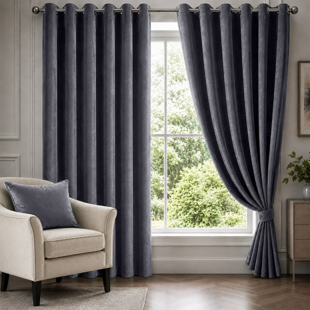 Grey Velvet Eyelet Curtains Room Darkening Window Panels Soft Touch Pair