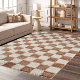 Chester Living Room Shaggy Area Rug Modern - Contemporary Checkered Design 30Mm Plush Pile Jute Backing Soft Woven Carpet -Hallway Indoor Rug, Terraco