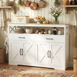 140cm Large Farmhouse Sideboard with X-Frame Design, 2 Drawers & 2-Door Cabinet, Scandinavian Kitchen Storage Console,  White & Oak