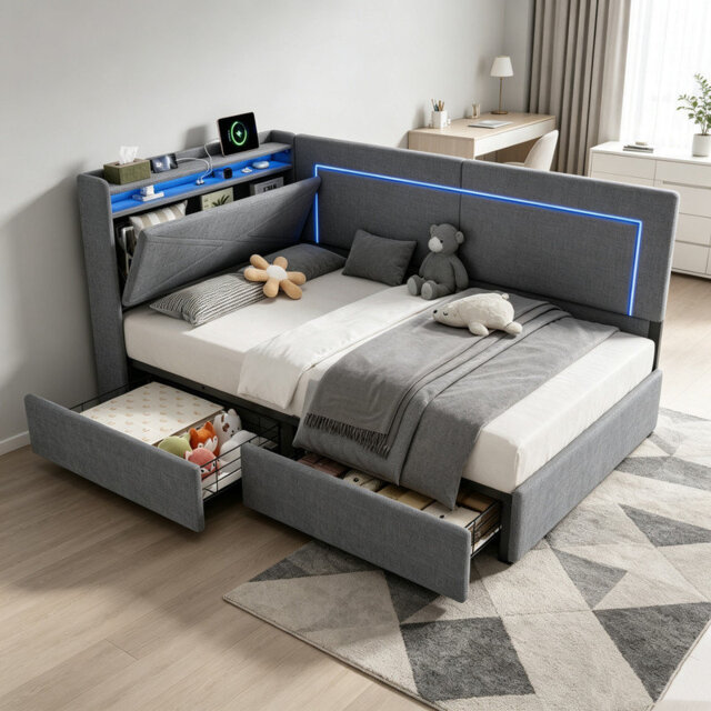 3ft Single Daybed Frame with 2 Storage Drawers, RGB LED Headboard with USB & Type-C Charging Station, Hidden Headboard Storage, Modern Linen Upholster