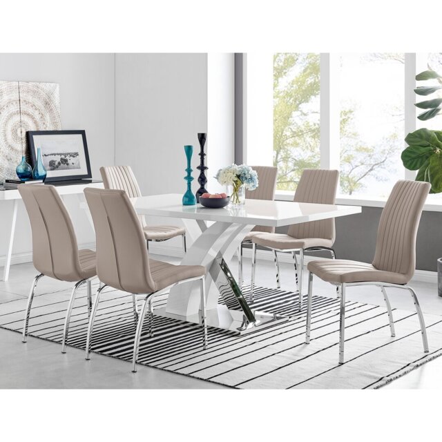 Marietta Chrome Metal and White High Gloss Dining Table Set - 6 Luxury Soft Touch Dining Chairs