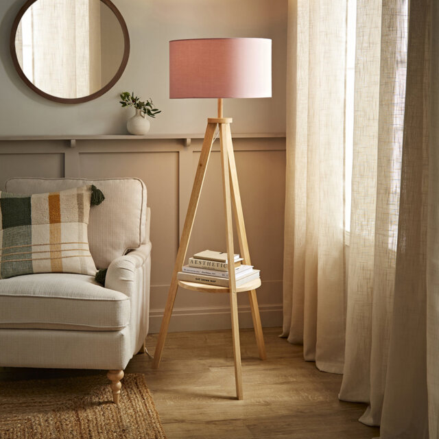 Ismay 149 cm Morrigan Wood Tripod Floor Lamp with Shelf & XL Reni Shade