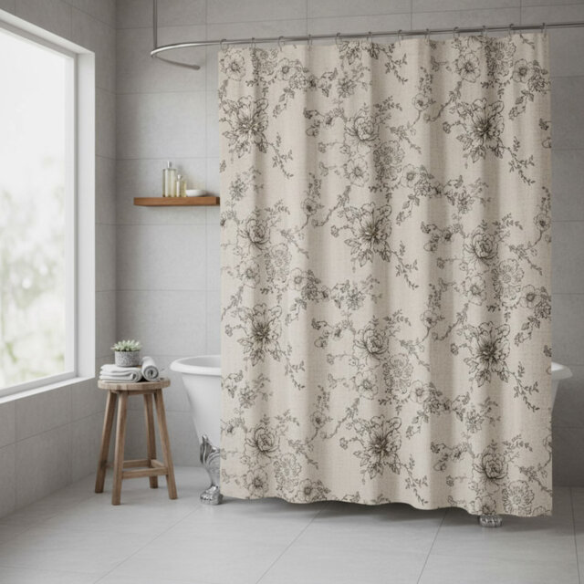 Farmhouse Floral Vintage Shower Curtain Black Linen Pattern Shower Curtains Tan Taupe 72X72