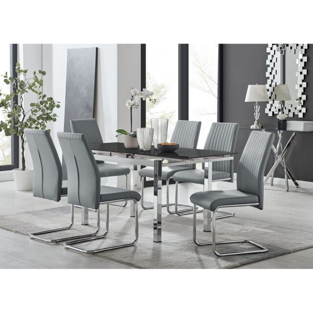Tierra Modern Glass & Metal Extendable Dining Table Set & 6 Luxury Faux Leather Dining Chairs