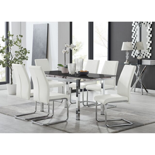 Tierra Modern Glass & Metal Extendable Dining Table Set & 6 Luxury Faux Leather Dining Chairs