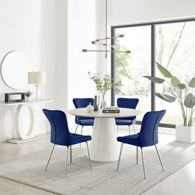 Edzard Statement 4 Person Round Dining Table Set in Luxury Stone Effect - Velvet Dining Chairs
