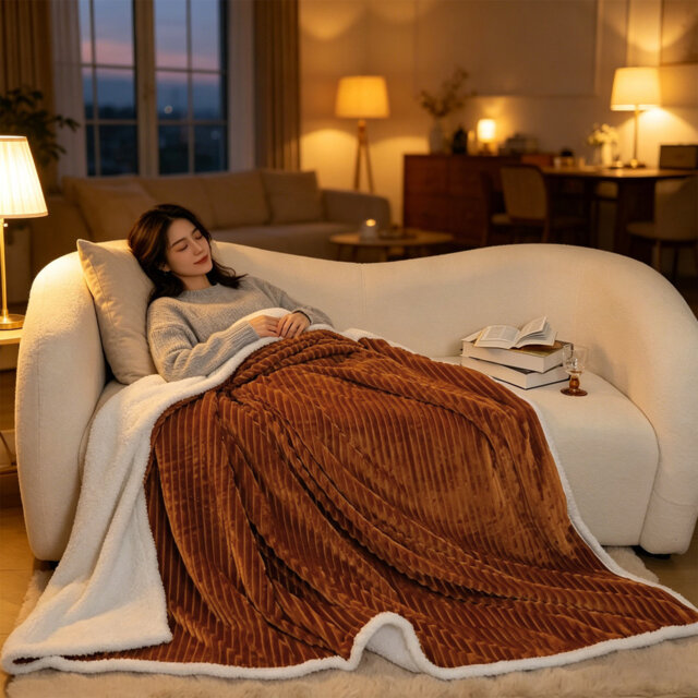Striped Flannel & Sherpa Large Size Throw Blanket, Soft & Cozy Warm Blanket for Bed, 220 X 240CM