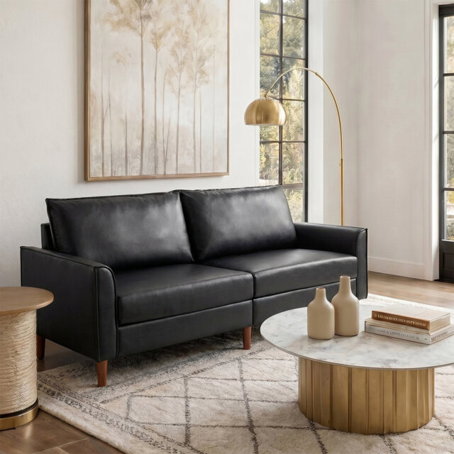 Alpha Mid-Century Modern Faux Leather Sofa With Solid Wood Legs