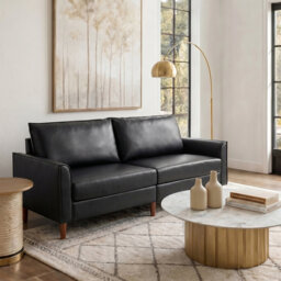 Alpha Mid-Century Modern Faux Leather Sofa With Solid Wood Legs