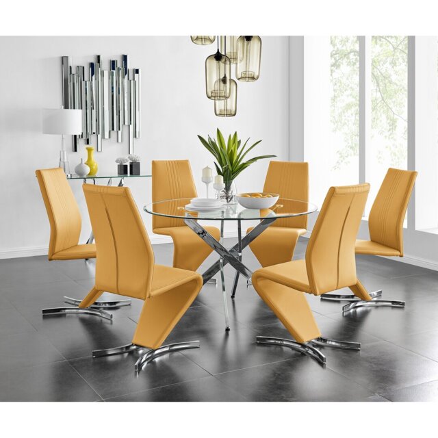 Tierra Modern Chrome Metal & Glass Round Dining Table Set with 6 Modern Design Faux Leather Chairs