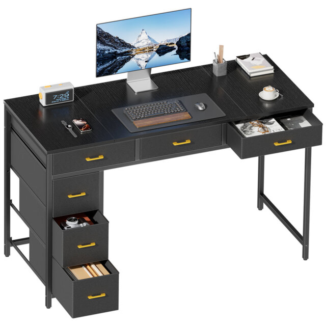 Computer Desk with 6 Drawers, 120Ã50cm Home Office Desk with Fabric Storage, Sturdy Steel Frame, Vintage Wood Grain Writing Table for Bedroom, Living