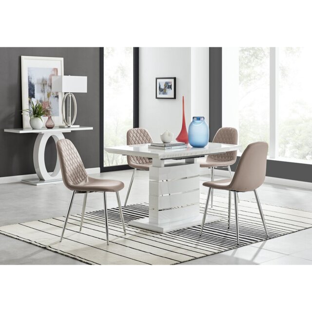 Renne Modern High Gloss Extendable Dining Table Set With 4 Luxury Faux Leather Dining Chairs