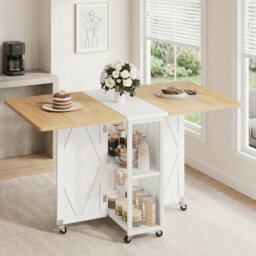 Folding Dining Table, Mobile Drop Leaf Table With 6 Wheels & Spacious Storage Drawers For Small Spaces, Kitchen & Dining Room