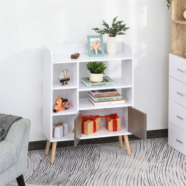 Bookcase, Freestanding Book Shelf With Storage Cabinet, 6 Shelves And Wood Legs For Home Office Display