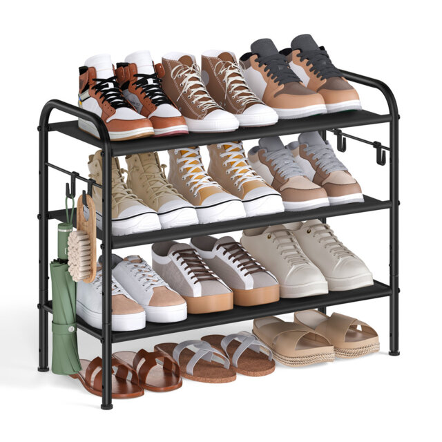 Shoe Rack, 3-Tier Shoe Organiser, Fabric Shoe Shelf Storage With 4 Hooks, Holds Up To 12 Pairs Of Shoes, Height-Adjustable Shoe Rack For Entryway, Hal