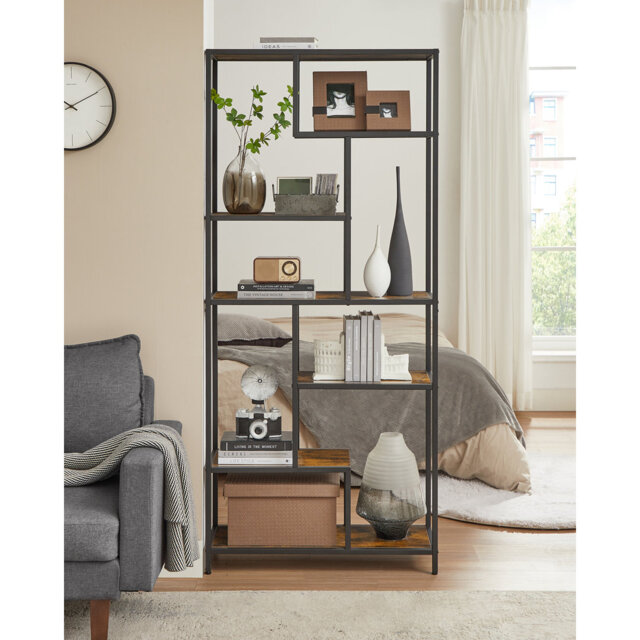 Bookcase, 6-Tier Bookcase, Geometric Display Shelf, Standing Storage Shelf, 30X80x180cm For Study, Office, Living Room, Bedroom, Kitchen, Rustic Brown