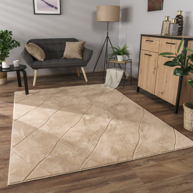 Rug in living room, bedroom, short pile, Scandi diamond pattern, plain 3D gray