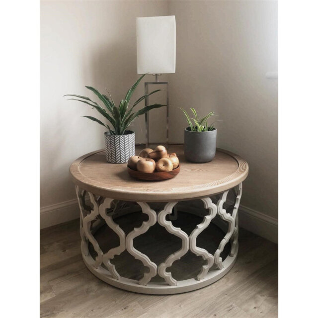 Farmhouse Coffee Table, 76 Cm Round French Country Coffee Table, Distressed Wood Tray Top Vintage Coffee Table With Storage Shelf For Living Room Dini